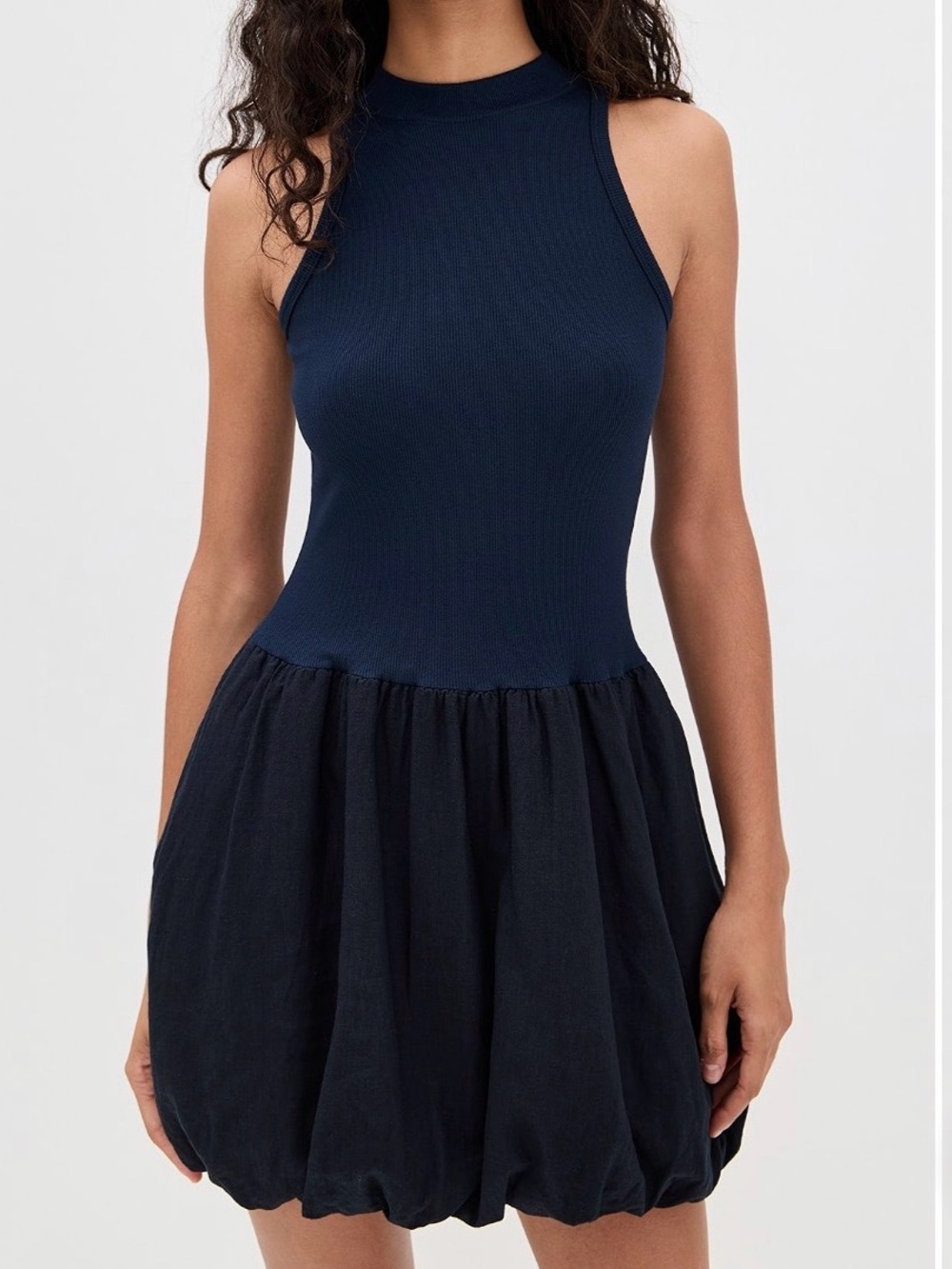 Stateside Linen Blend Bubble iHem Dress fit and flare Women’s Size S in New Navy